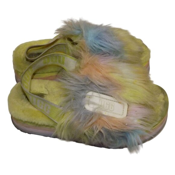 Size 7 UGG Women's Disco Slide Tie Dye Slippers Pastel Fluffy Blue Pink Yellow - Picture 2 of 11